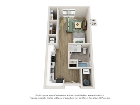 Floor plan for studio, 1 bath, 538 sqft